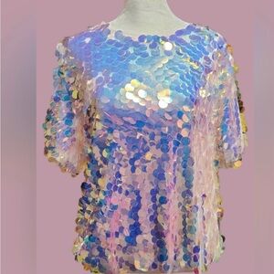 Choosy Iridescent‎ Sequin Top Short Sleeve Party Festival Rave Sparkly